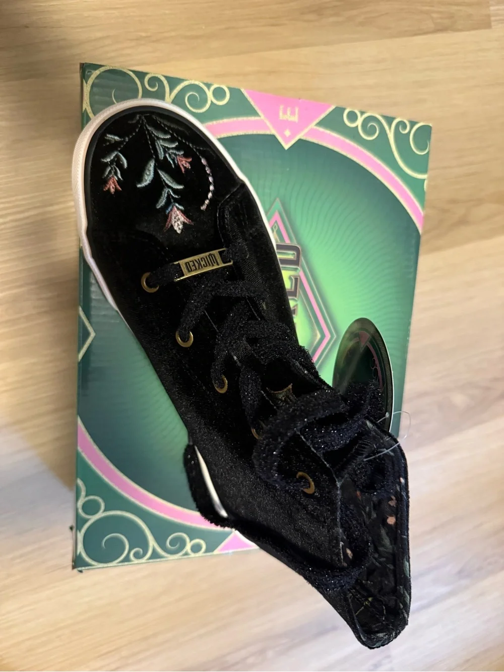 Wicked Black Velvet High-Top Sneaker with Pink & Mint Embroidery